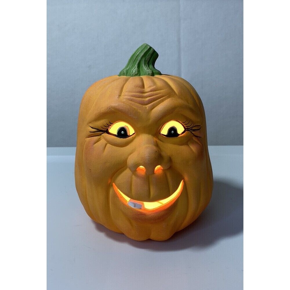 Vintage Ceramic Craft Smiling Jack-O-Lantern Creepy Funny Face Halloween Pumpkin
